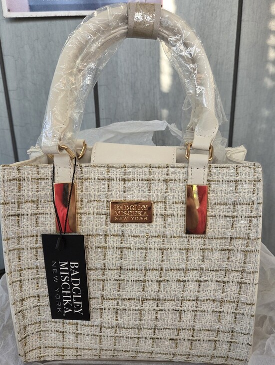 Badgley Mischka Handbags - Badgley Mischka Cream Tweed Satchel Handbag